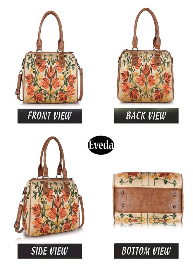 EVEDA Women Floral Embroidered Shoulder Bag, Vintage Style Handbag with Leather Handles,Sling Strap with Botanical Design (Beige) - Image 3